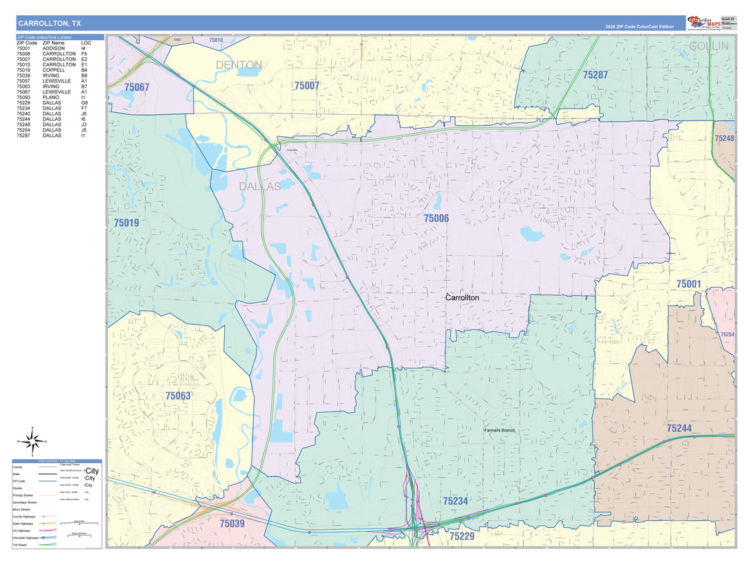 Color Cast Zip Code Style Wall Map of Carrollton, TX