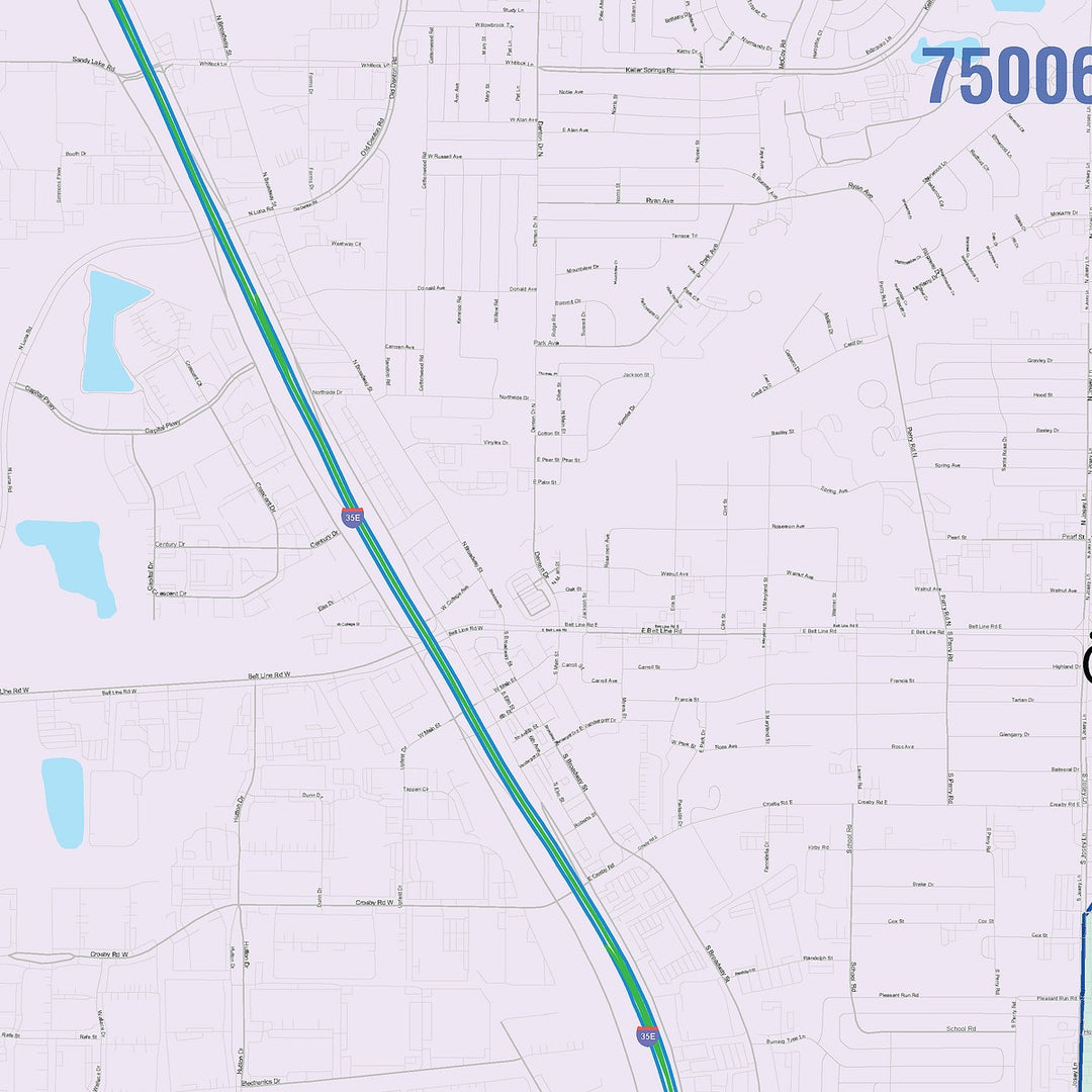 Color Cast Zip Code Style Wall Map of Carrollton, TX