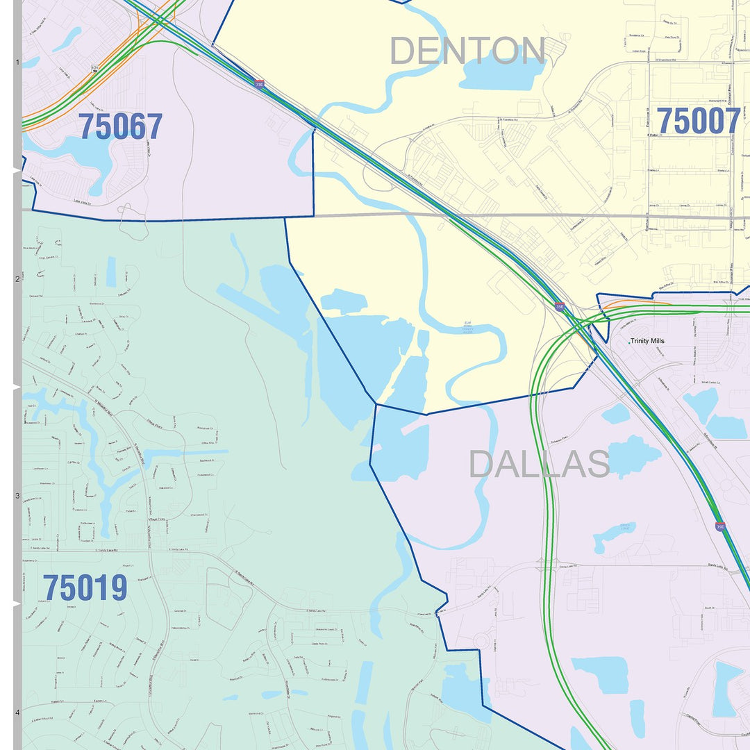 Color Cast Zip Code Style Wall Map of Carrollton, TX