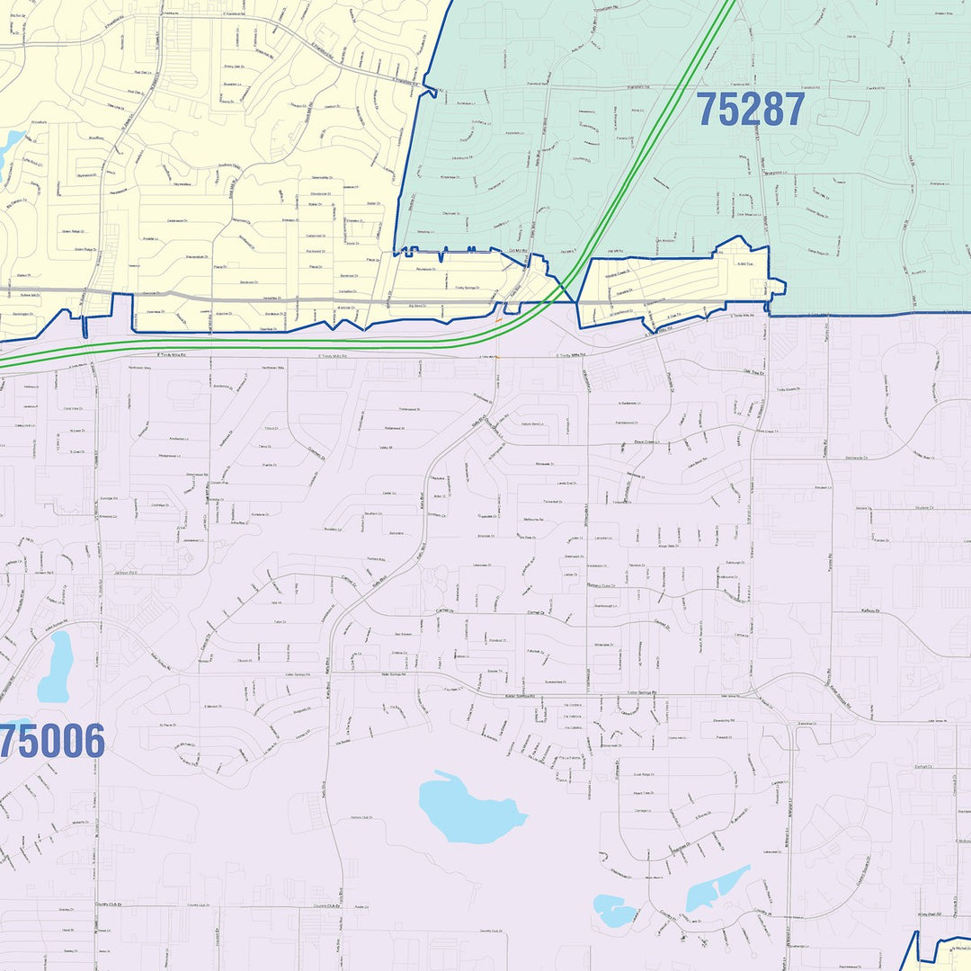 Color Cast Zip Code Style Wall Map of Carrollton, TX