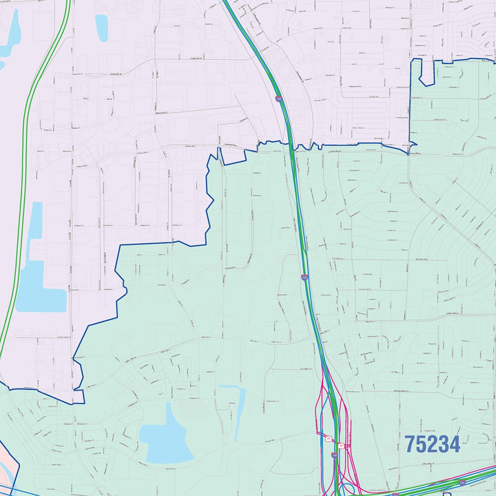 Color Cast Zip Code Style Wall Map of Carrollton, TX