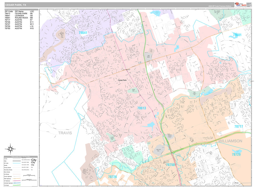 Premium Style Wall Map of Cedar Park, TX – American Map Store
