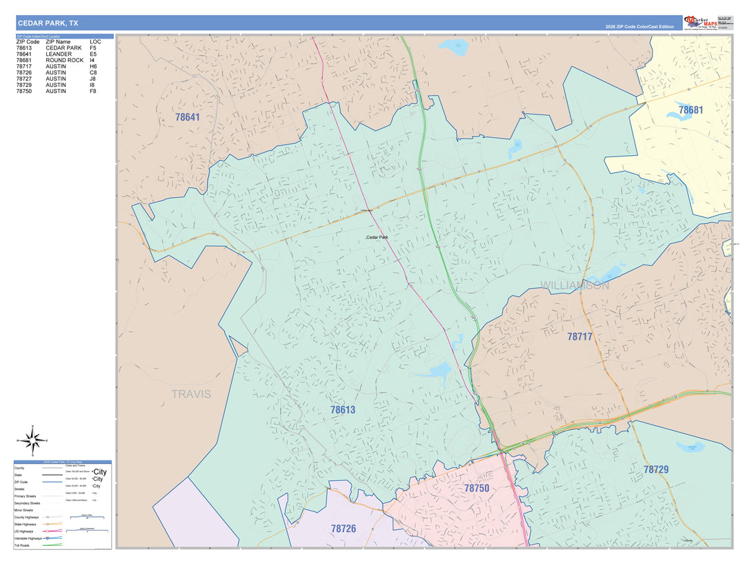 Color Cast Zip Code Style Wall Map of Cedar Park, TX