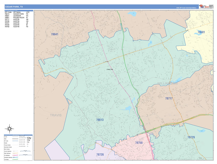 Color Cast Zip Code Style Wall Map of Cedar Park, TX