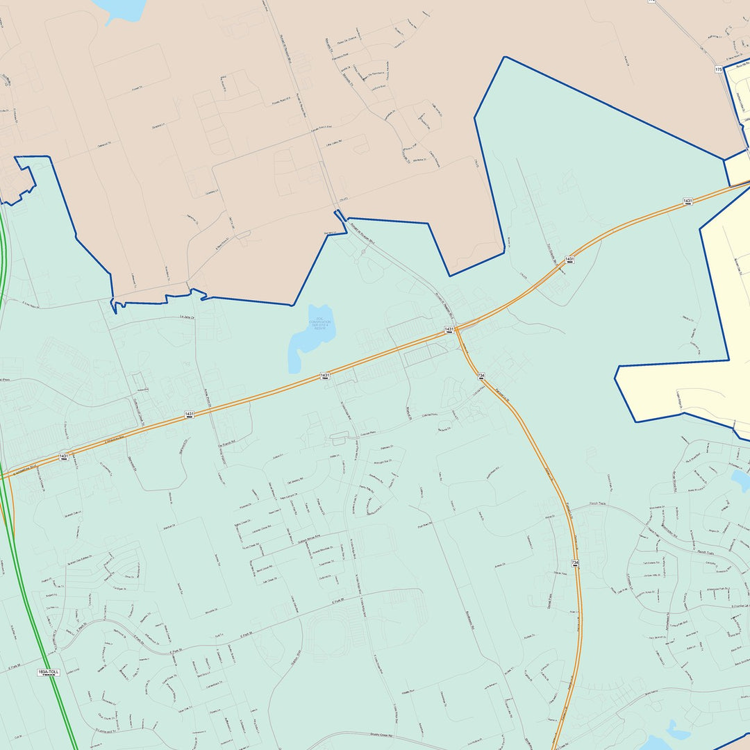 Color Cast Zip Code Style Wall Map of Cedar Park, TX