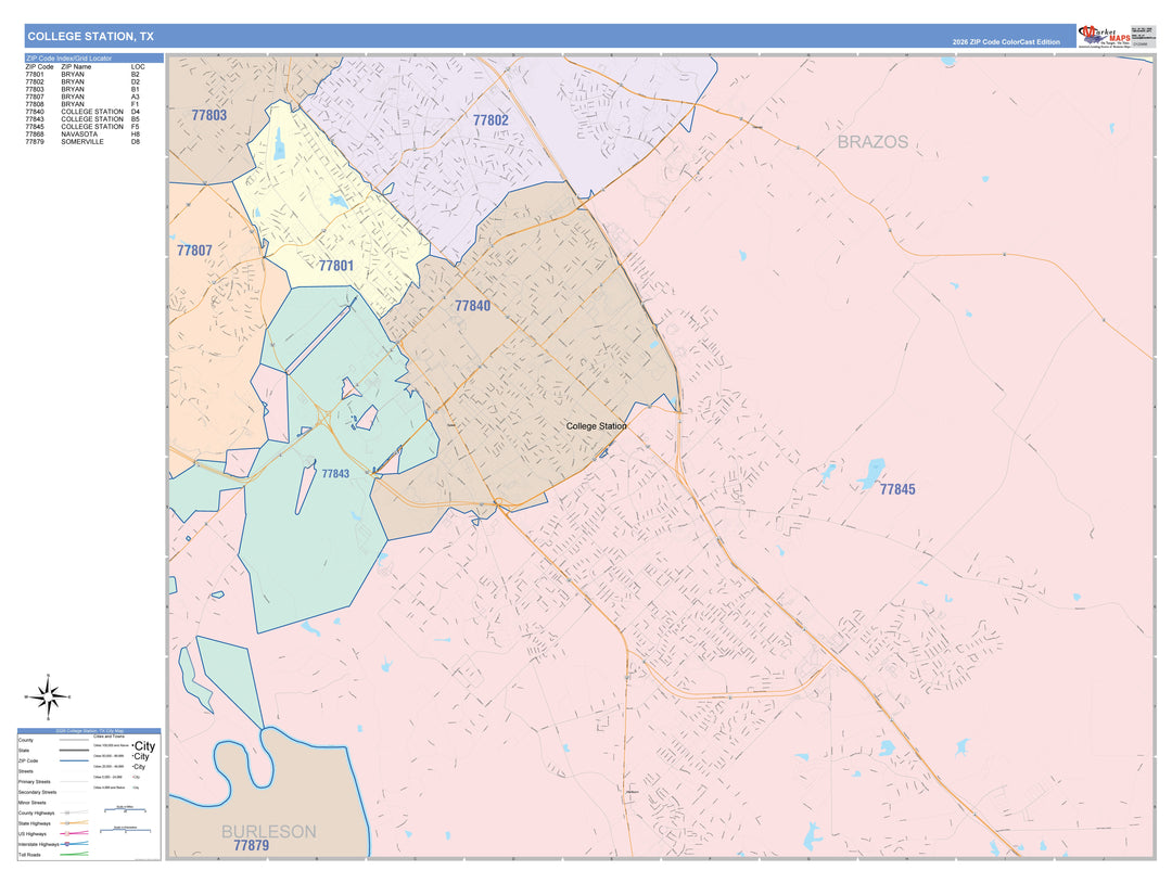 Color Cast Zip Code Style Wall Map of College Station, TX