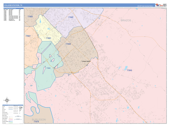 Color Cast Zip Code Style Wall Map of College Station, TX