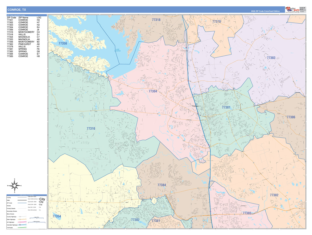 Color Cast Zip Code Style Wall Map of Conroe, TX
