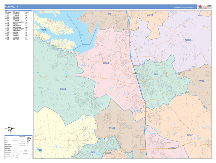 Color Cast Zip Code Style Wall Map of Conroe, TX