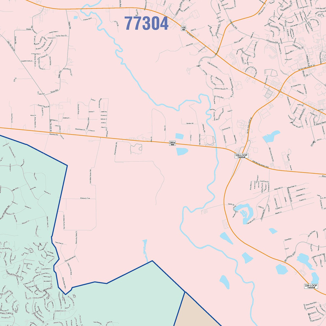 Color Cast Zip Code Style Wall Map of Conroe, TX