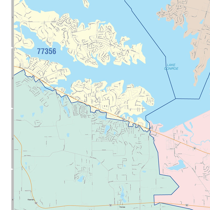 Color Cast Zip Code Style Wall Map of Conroe, TX