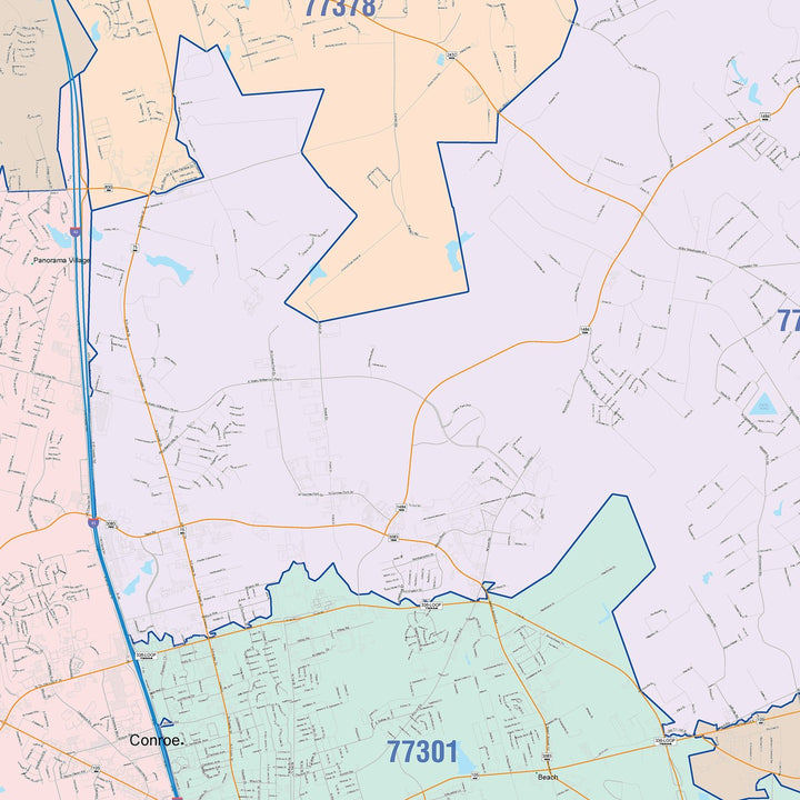 Color Cast Zip Code Style Wall Map of Conroe, TX