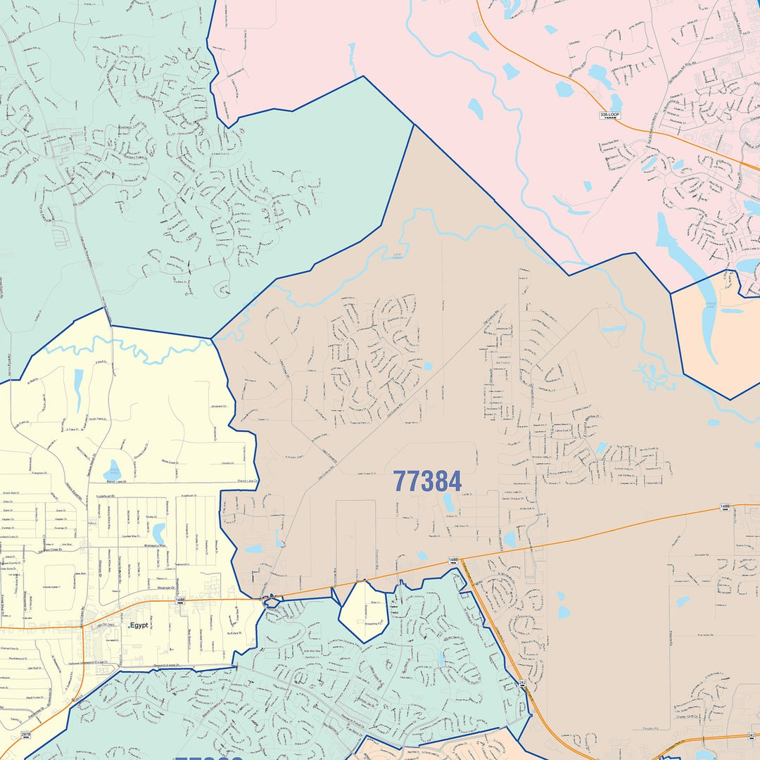 Color Cast Zip Code Style Wall Map of Conroe, TX