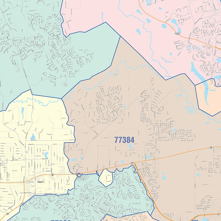 Color Cast Zip Code Style Wall Map of Conroe, TX