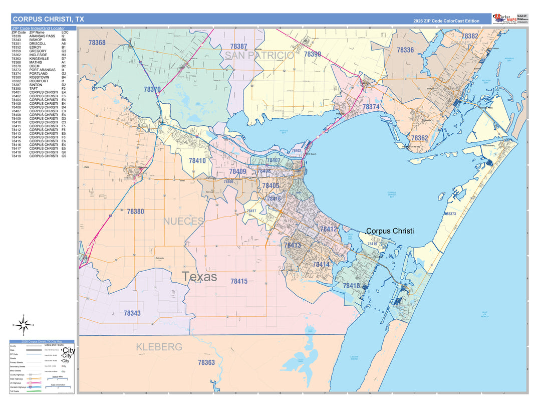 Color Cast Zip Code Style Wall Map of Corpus Christi, TX