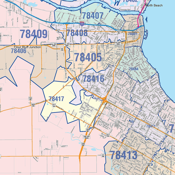 Color Cast Zip Code Style Wall Map of Corpus Christi, TX