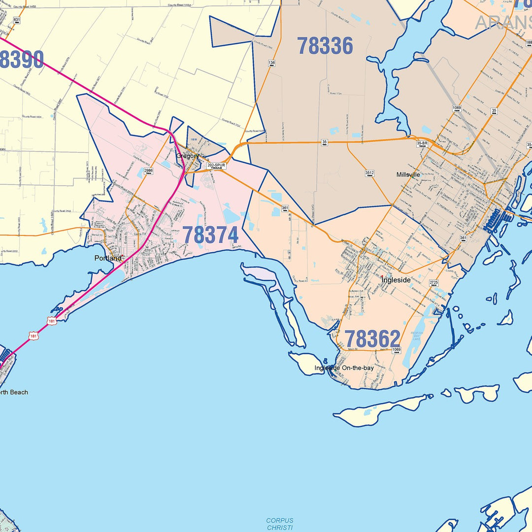 Color Cast Zip Code Style Wall Map of Corpus Christi, TX