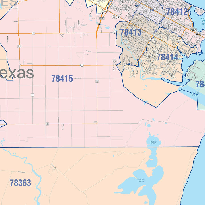 Color Cast Zip Code Style Wall Map of Corpus Christi, TX