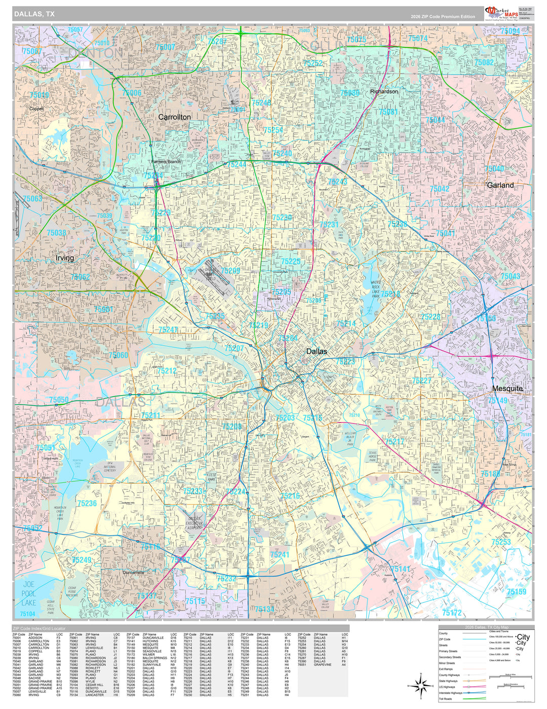 Premium Style Wall Map of Dallas, TX