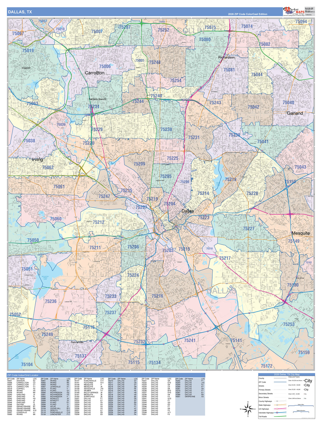 Color Cast Zip Code Style Wall Map of Dallas, TX