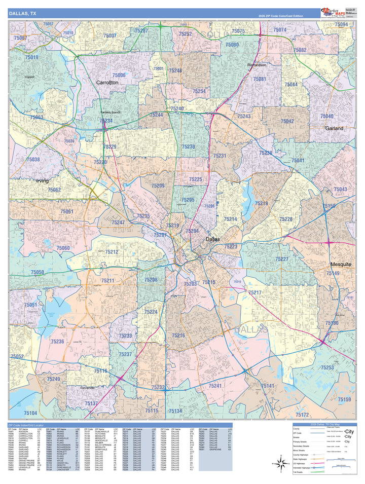 Color Cast Zip Code Style Wall Map of Dallas, TX