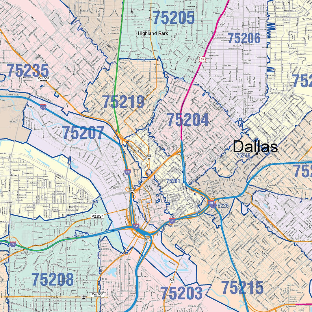 Color Cast Zip Code Style Wall Map of Dallas, TX