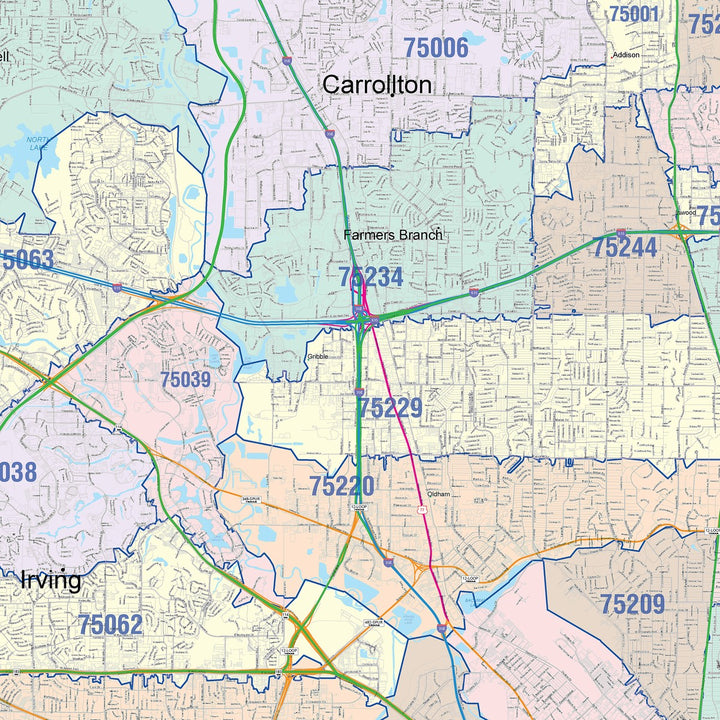 Color Cast Zip Code Style Wall Map of Dallas, TX