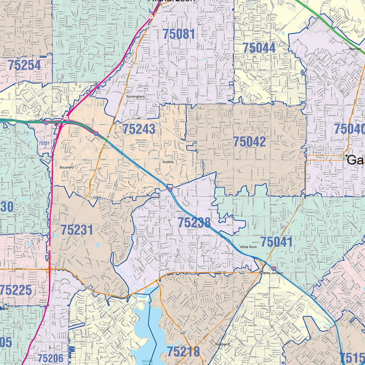 Color Cast Zip Code Style Wall Map of Dallas, TX