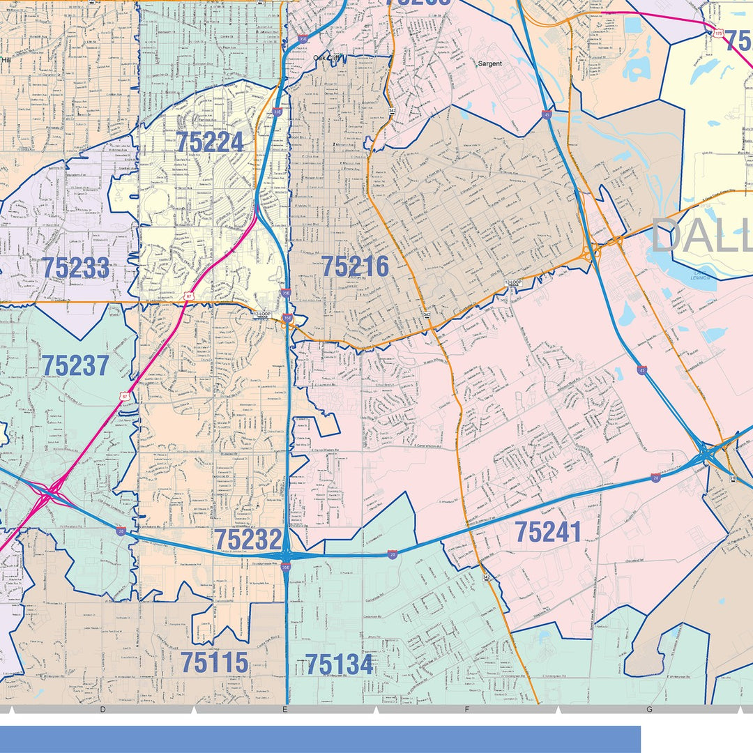 Color Cast Zip Code Style Wall Map of Dallas, TX