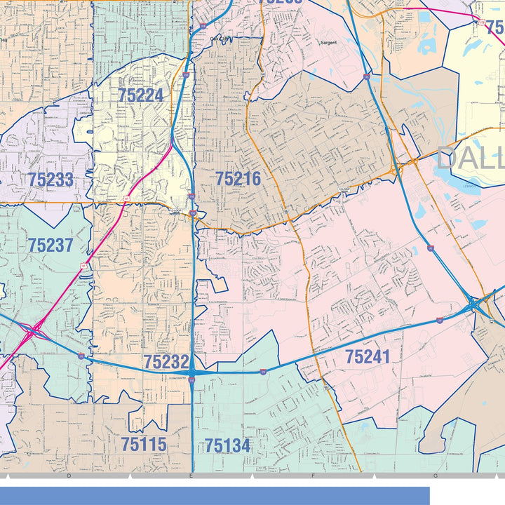Color Cast Zip Code Style Wall Map of Dallas, TX