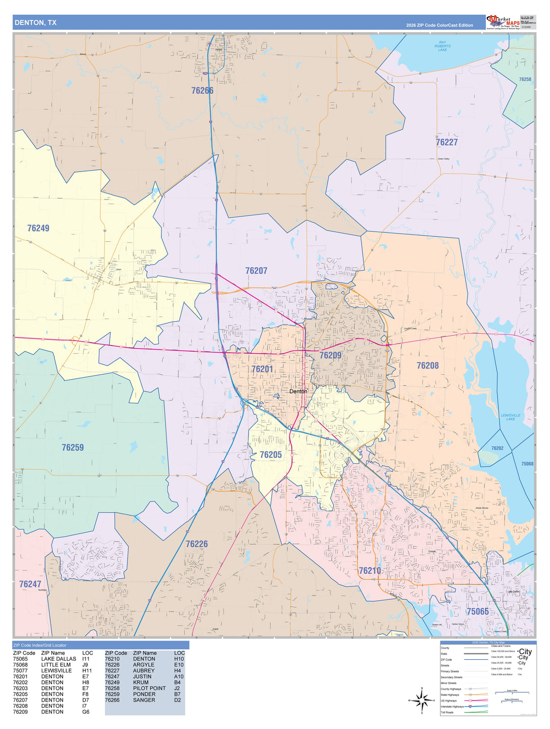 Color Cast Zip Code Style Wall Map of Denton, TX