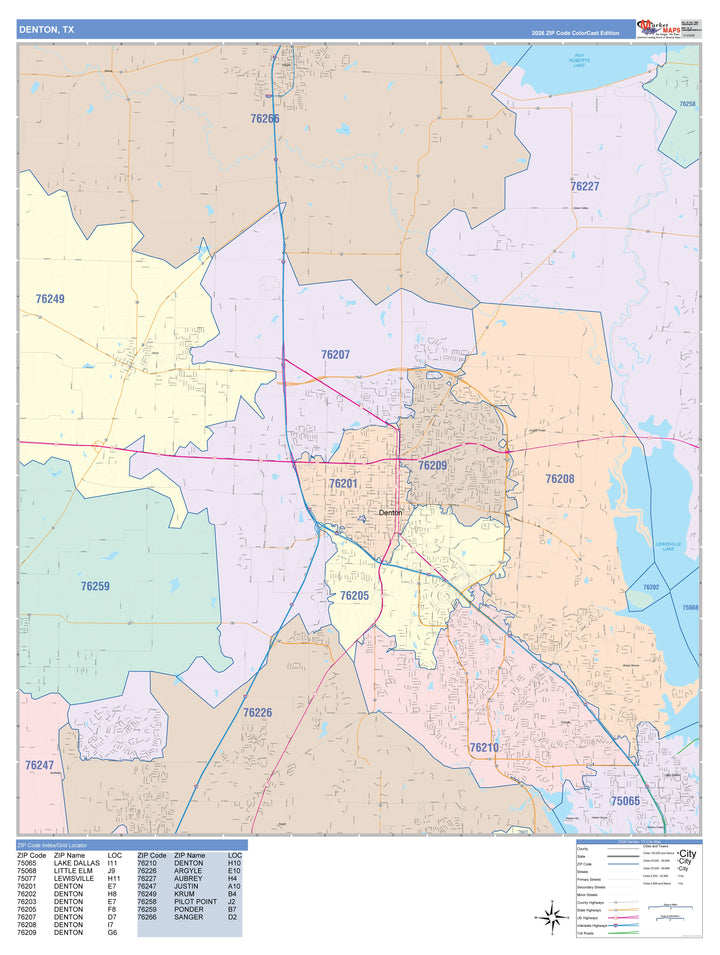 Color Cast Zip Code Style Wall Map of Denton, TX