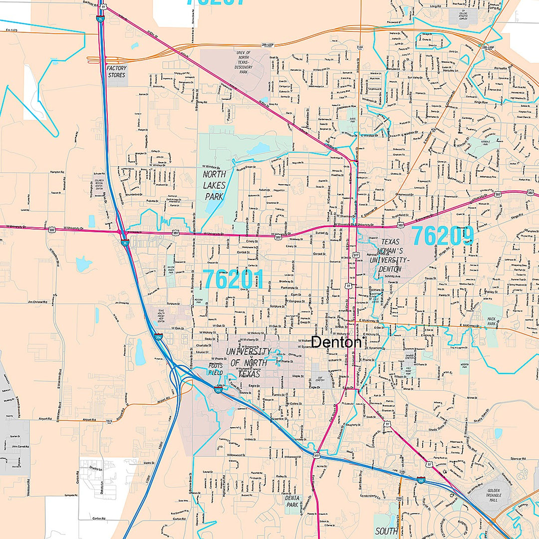 Premium Style Wall Map of Denton, TX