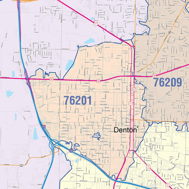 Color Cast Zip Code Style Wall Map of Denton, TX
