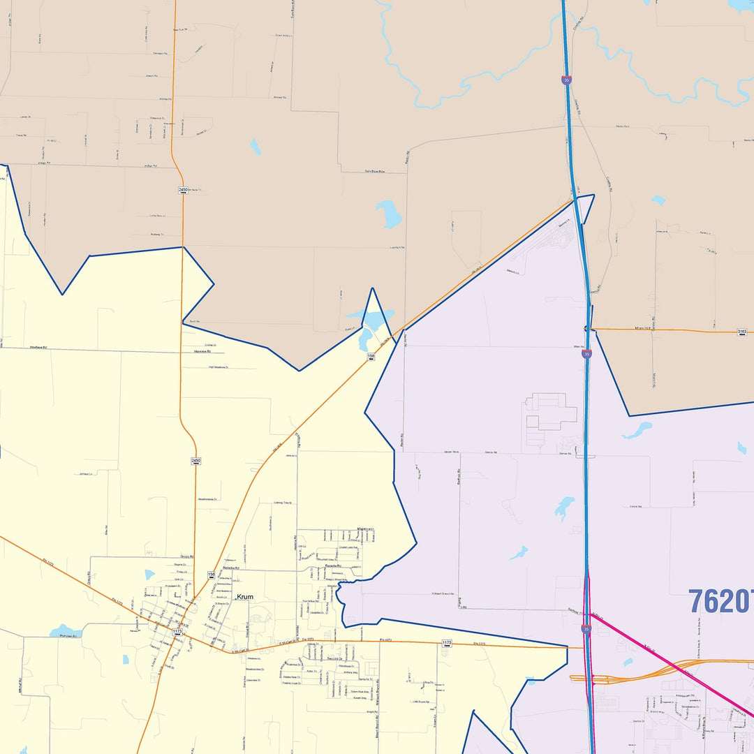 Color Cast Zip Code Style Wall Map of Denton, TX