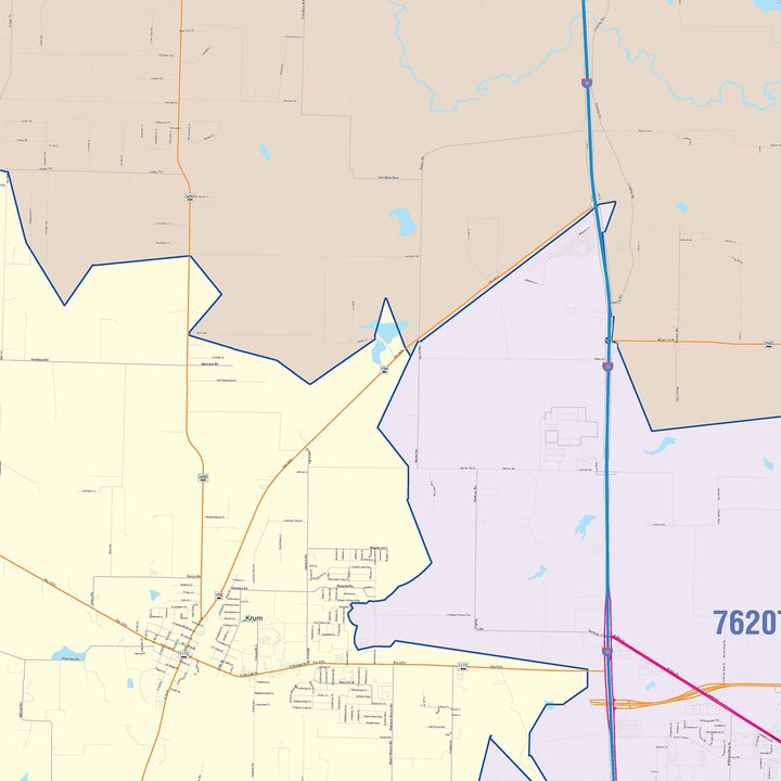 Color Cast Zip Code Style Wall Map of Denton, TX
