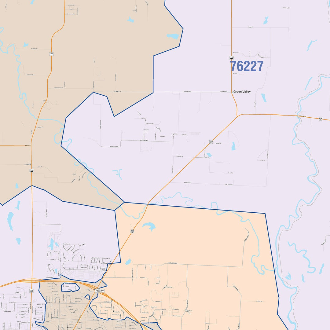 Color Cast Zip Code Style Wall Map of Denton, TX
