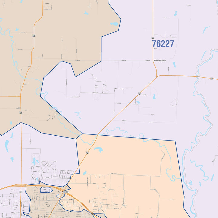 Color Cast Zip Code Style Wall Map of Denton, TX