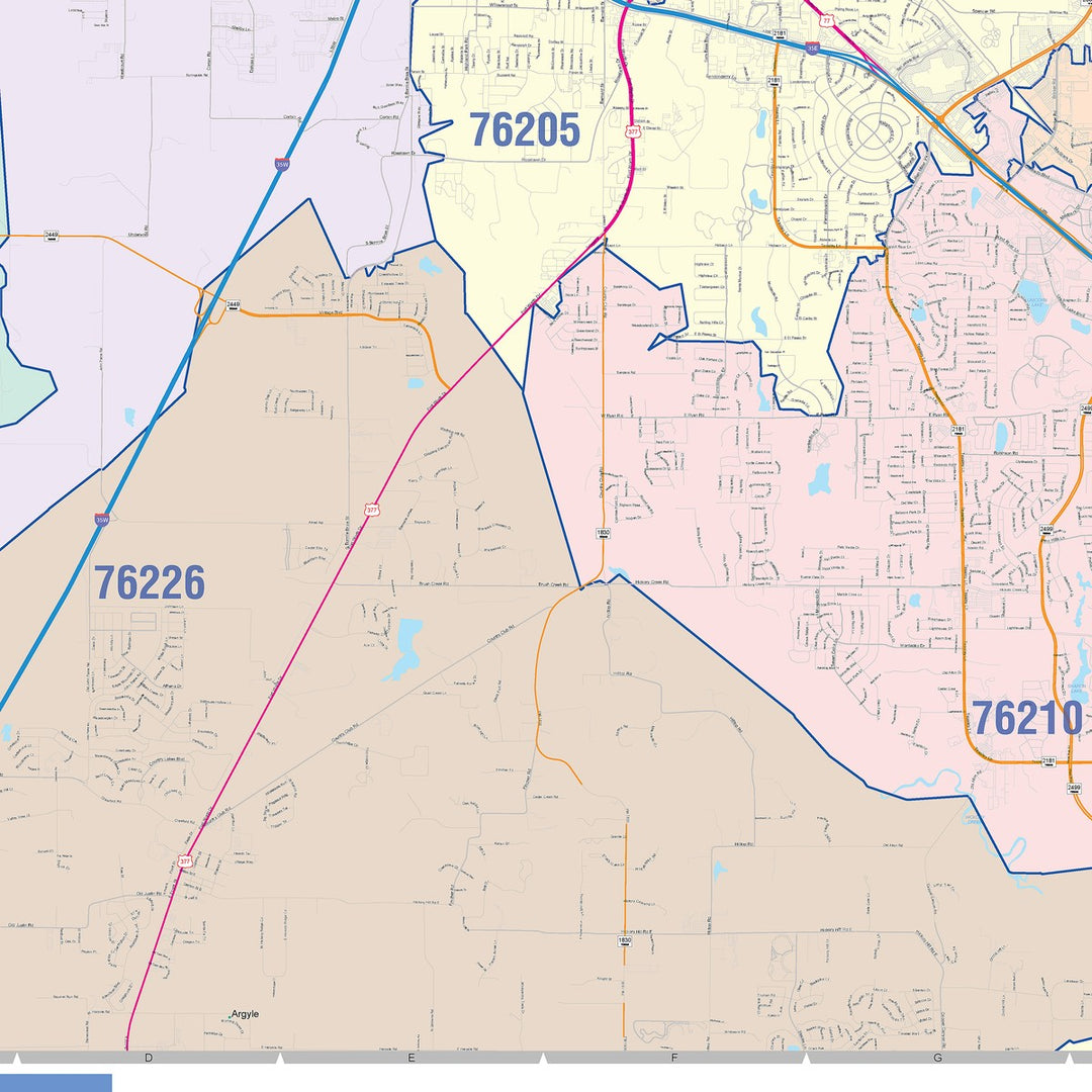 Color Cast Zip Code Style Wall Map of Denton, TX