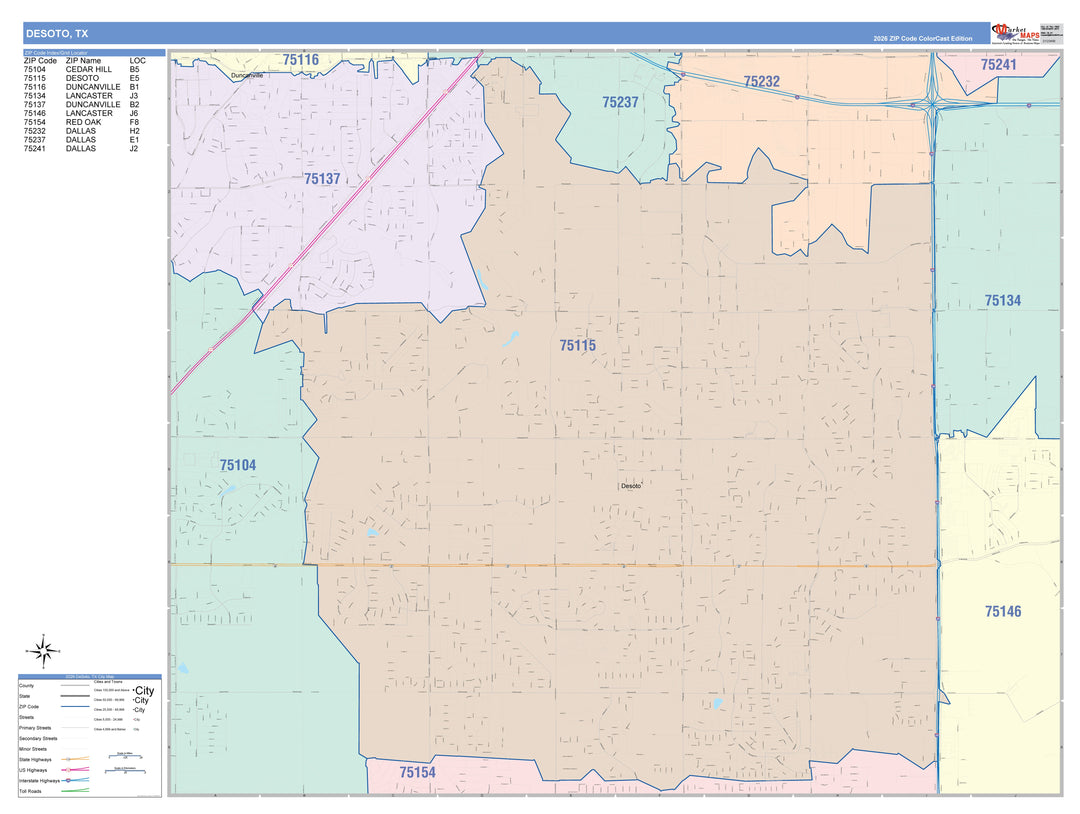 Color Cast Zip Code Style Wall Map of Desoto, TX