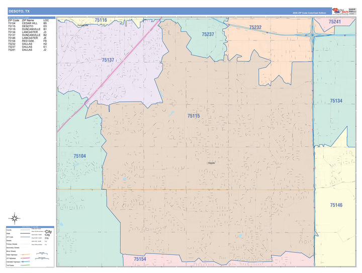 Color Cast Zip Code Style Wall Map of Desoto, TX