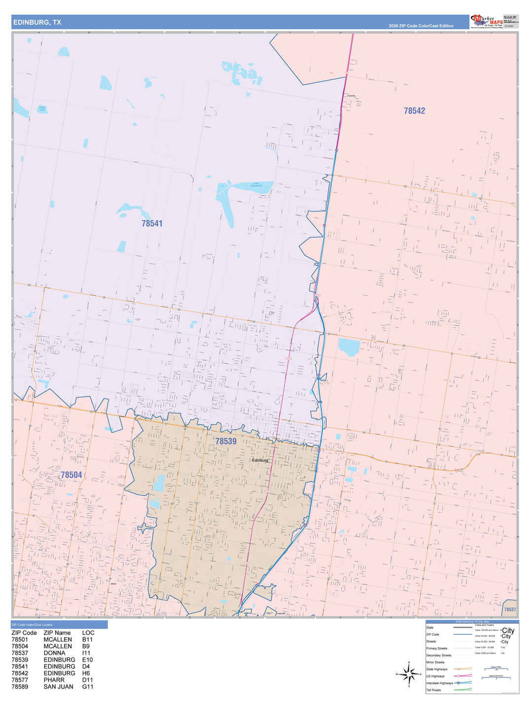 Color Cast Zip Code Style Wall Map of Edinburg, TX