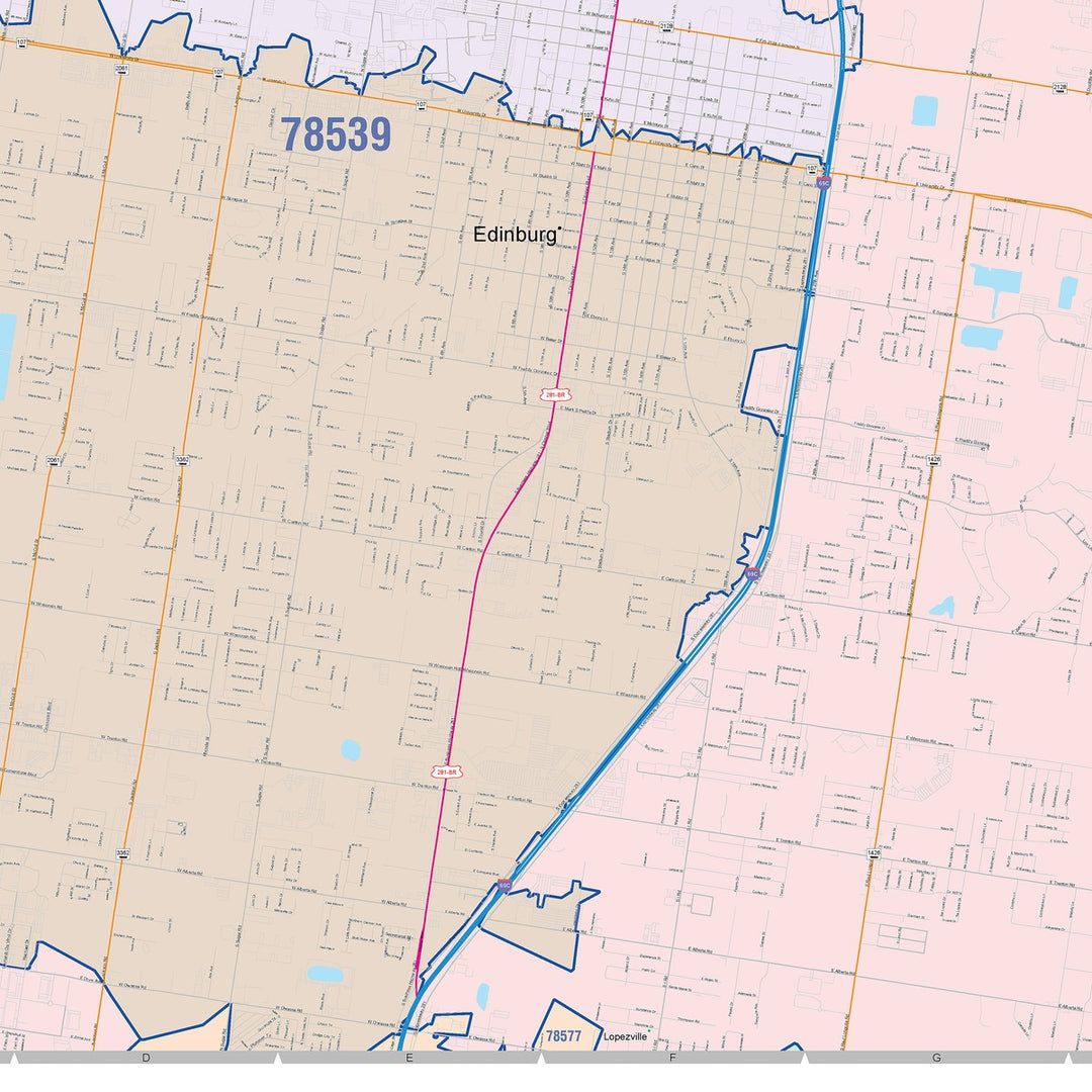 Color Cast Zip Code Style Wall Map of Edinburg, TX