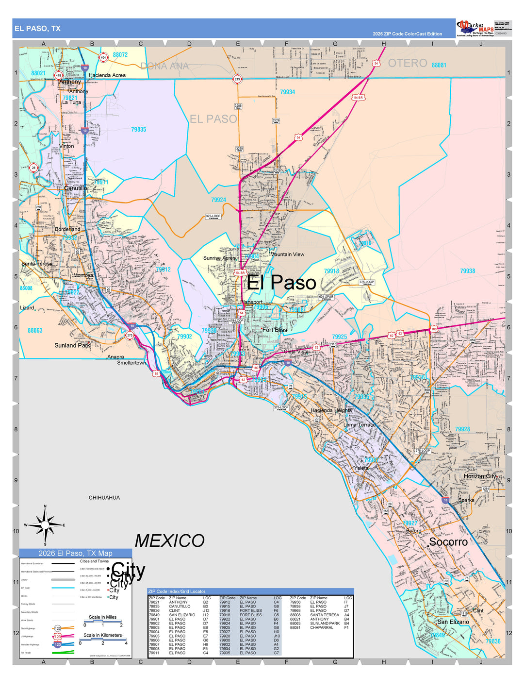 Color Cast Zip Code Style Wall Map of El Paso, TX