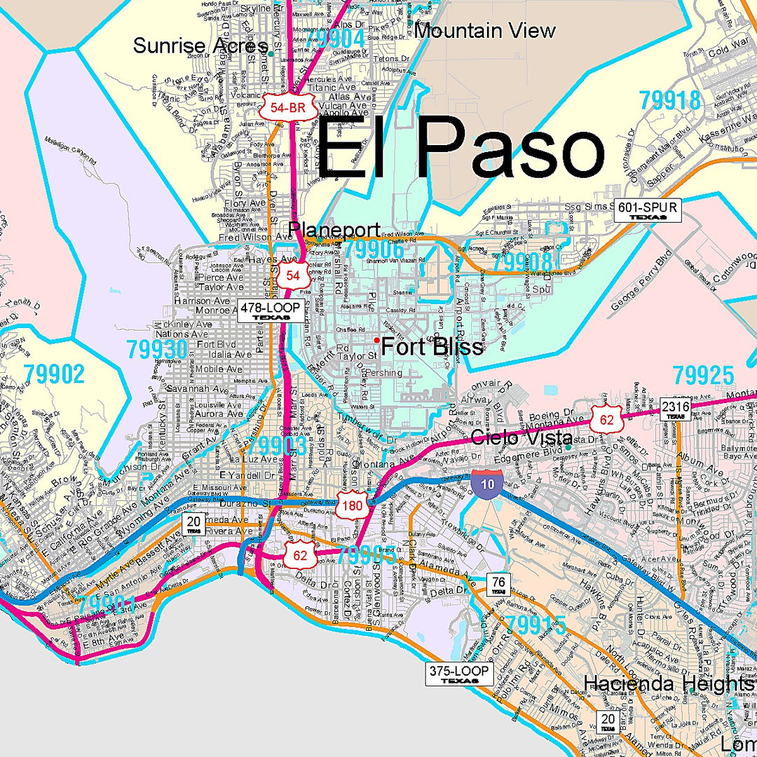 Color Cast Zip Code Style Wall Map of El Paso, TX
