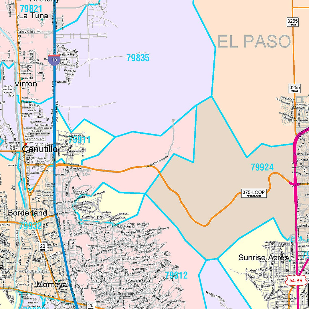 Color Cast Zip Code Style Wall Map of El Paso, TX