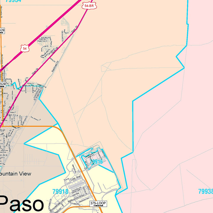 Color Cast Zip Code Style Wall Map of El Paso, TX