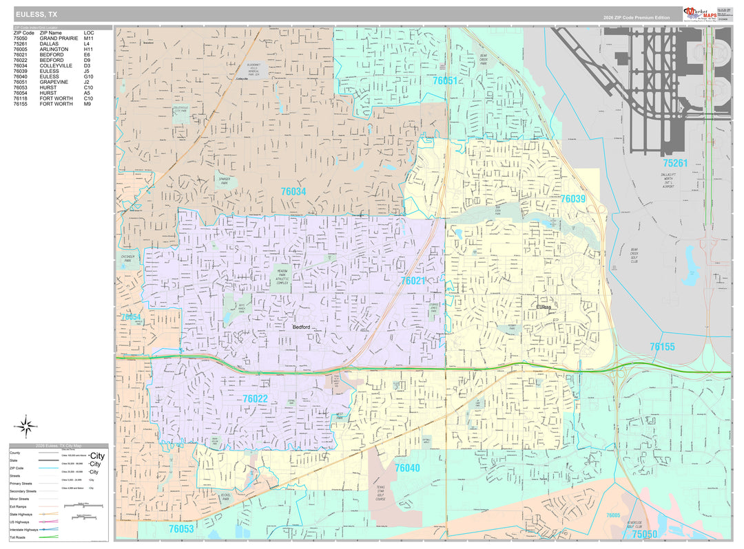 Premium Style Wall Map of Euless, TX