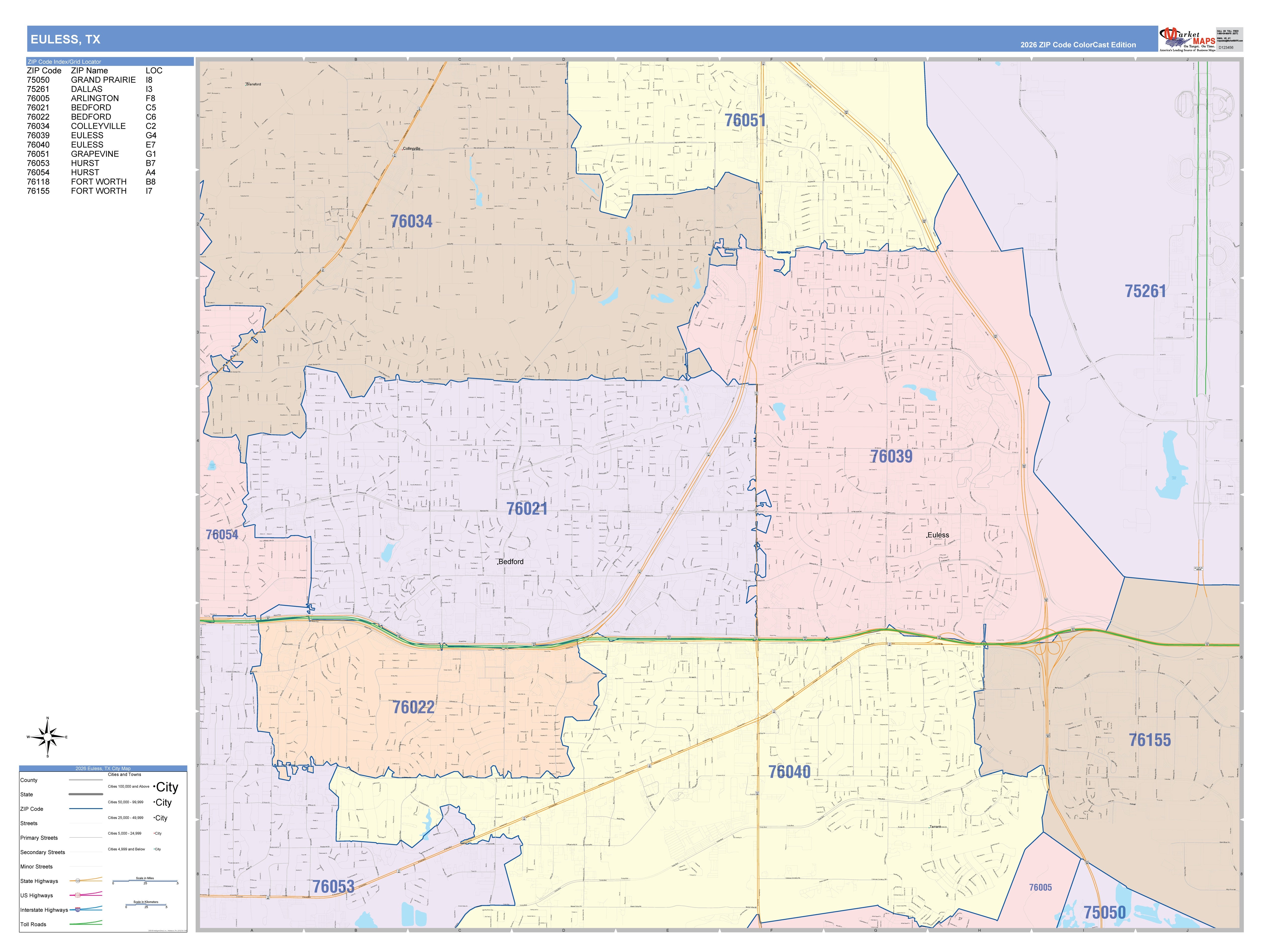 Color Cast Zip Code Style Wall Map of Euless, TX – American Map Store
