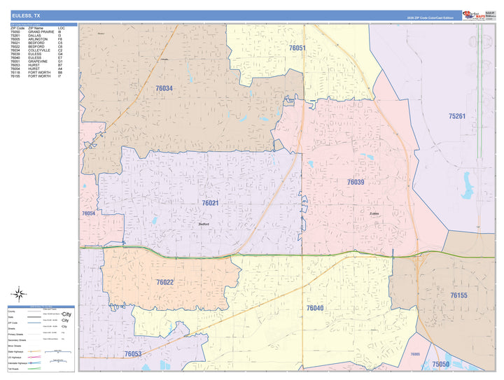 Color Cast Zip Code Style Wall Map of Euless, TX